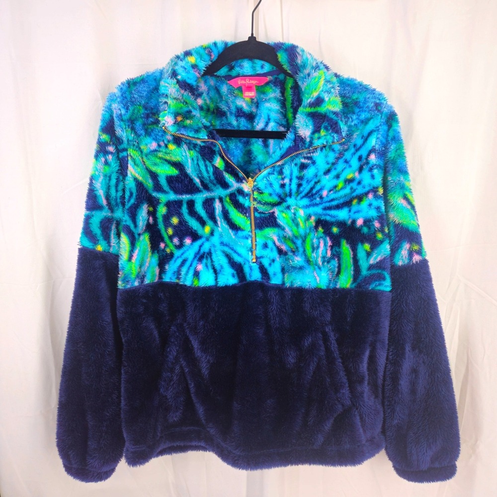 Lilly Pulitzer Womens Larina Sherpa Fleece 1/4 Zip Navy Blue Tropical Floral Med